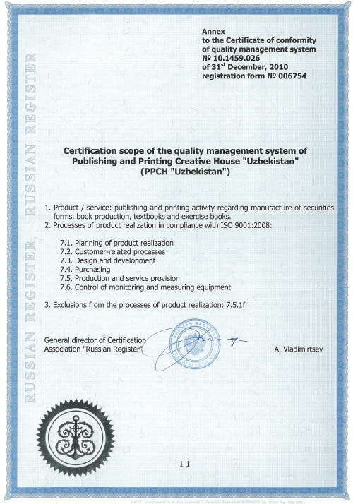 Annex to the Certificate of conformity of quality management system